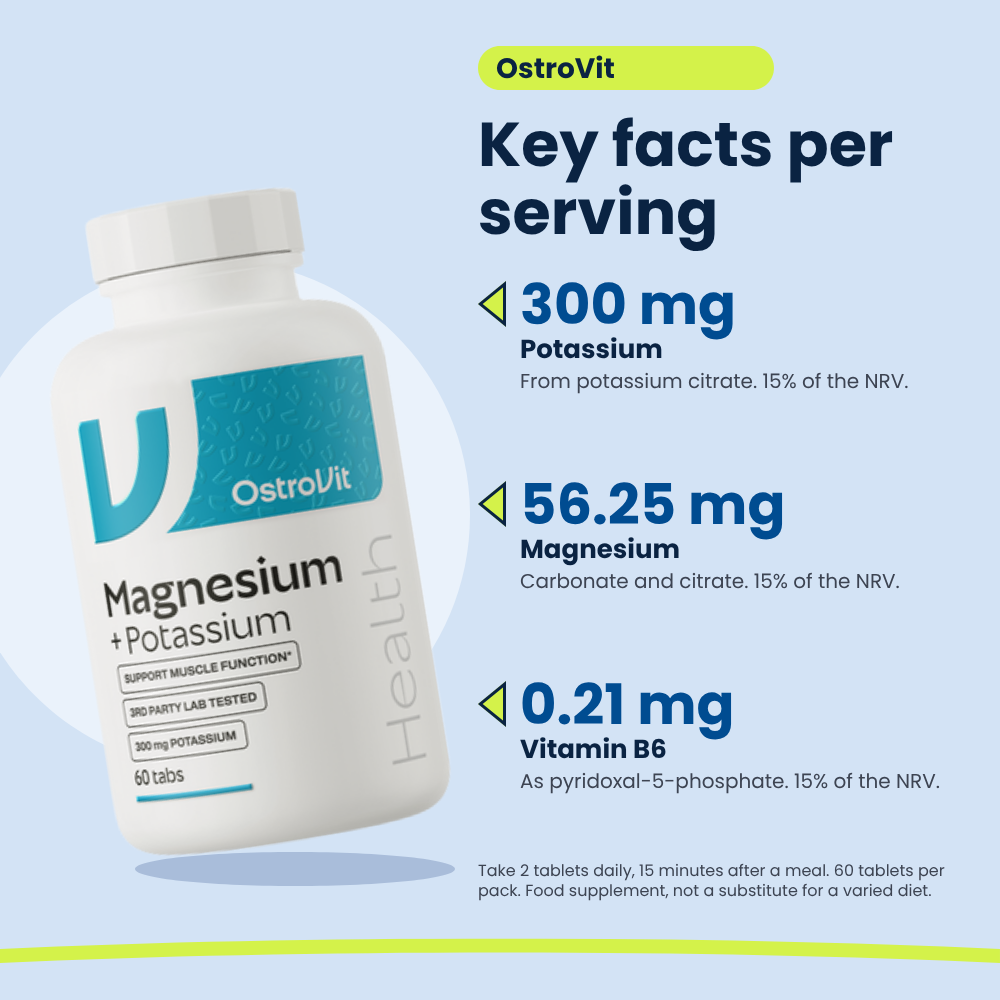 OstroVit Magnesium + Potassium 60 tablets, key facts per serving: 300 mg potassium, 56.25 mg magnesium, 0.21 mg vitamin B6
