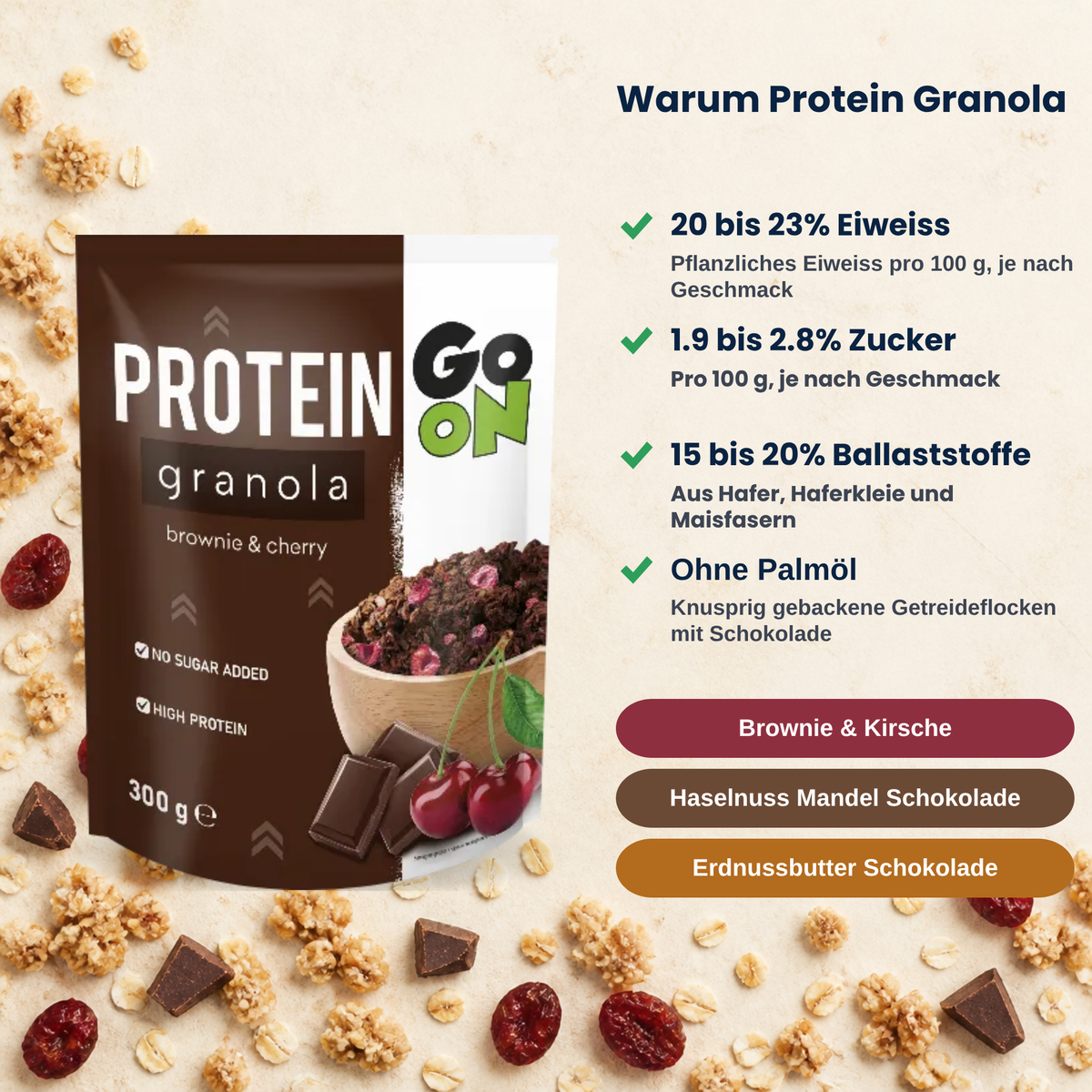 Protein Granola Go On 300 g, wichtigste Vorteile auf Deutsch