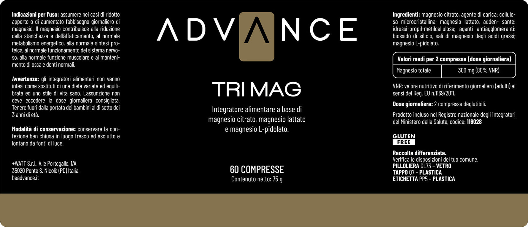 Tri-Mag +Watt nutritional label — magnesium citrate, lactate, L-pidolate