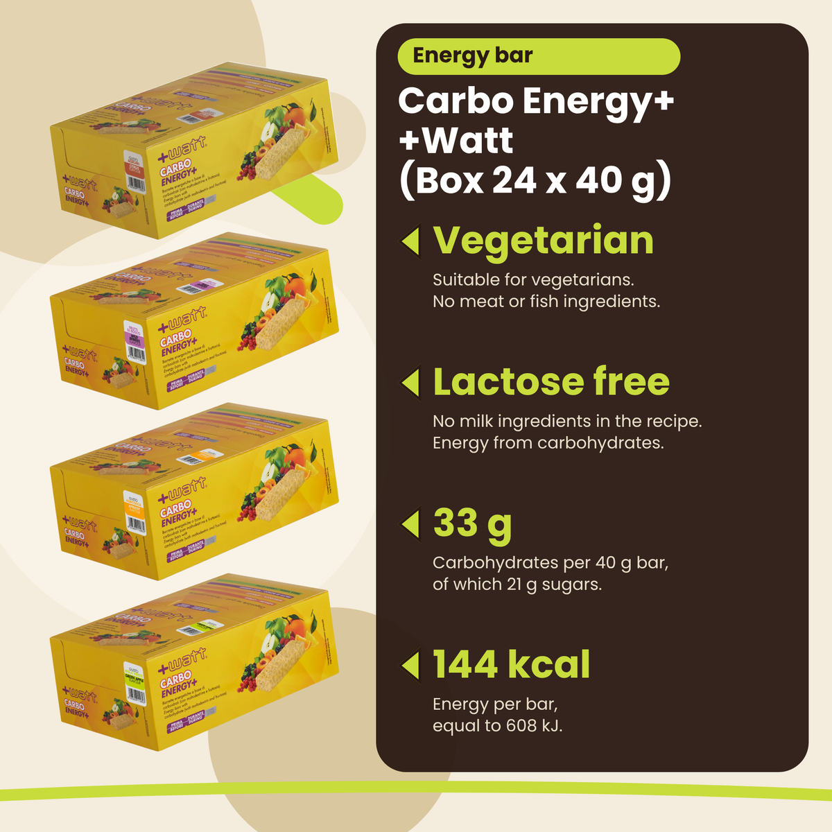 Energy Bar Carbo Energy+ +Watt (Box 24 x 40 g), benefits: vegetarian, lactose free, 33 g carbohydrates, 144 kcal, EN