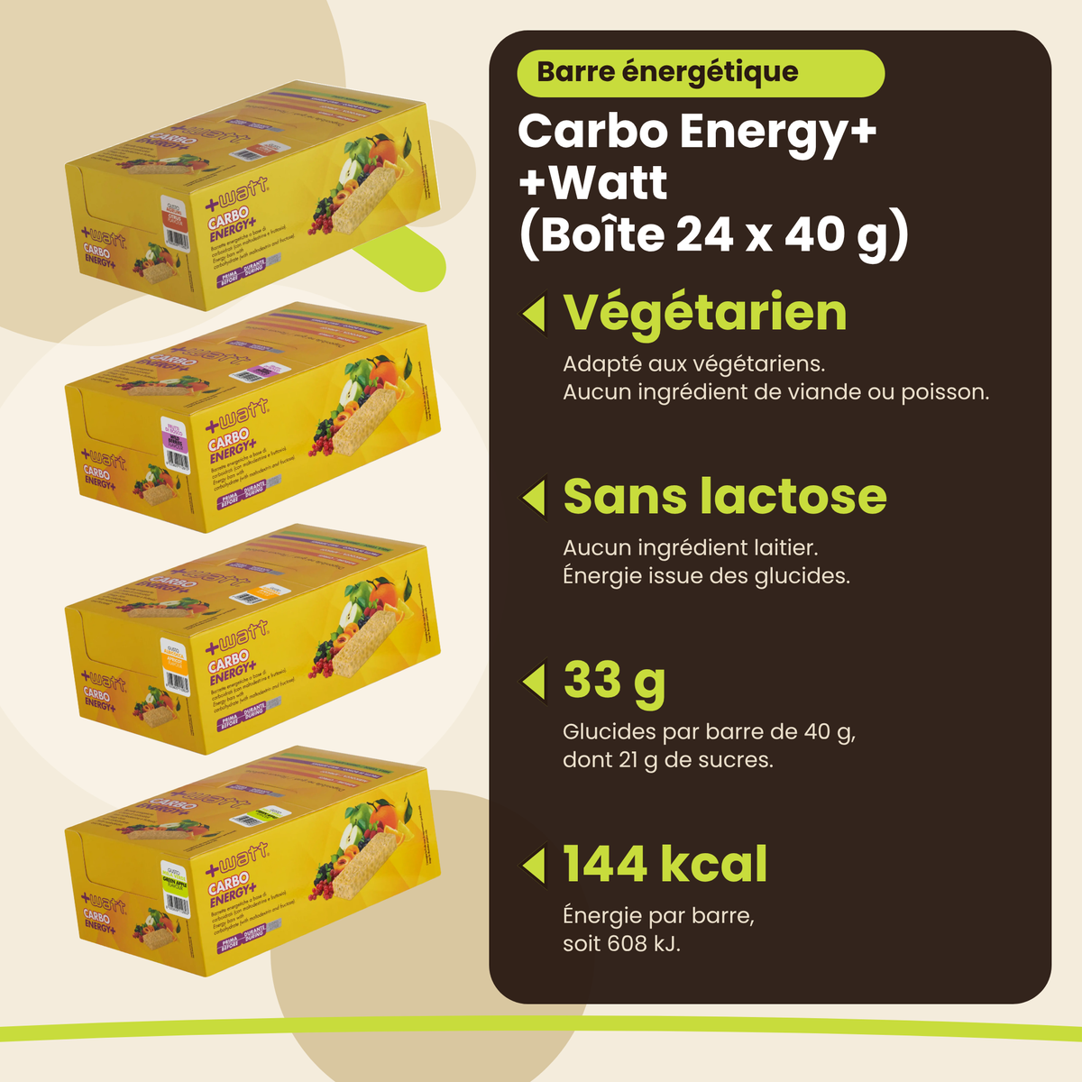 Energy Bar Carbo Energy+ +Watt (Box 24 x 40 g), benefits: vegetarian, lactose free, 33 g carbohydrates, 144 kcal, FR