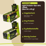 Light Protein+ Bar 30% +Watt Box 24 x 45 g, wichtigste Vorteile, deutsche Version: vegetarisch, 14 g Protein, 5 g Ballaststoffe, wenig Zucker