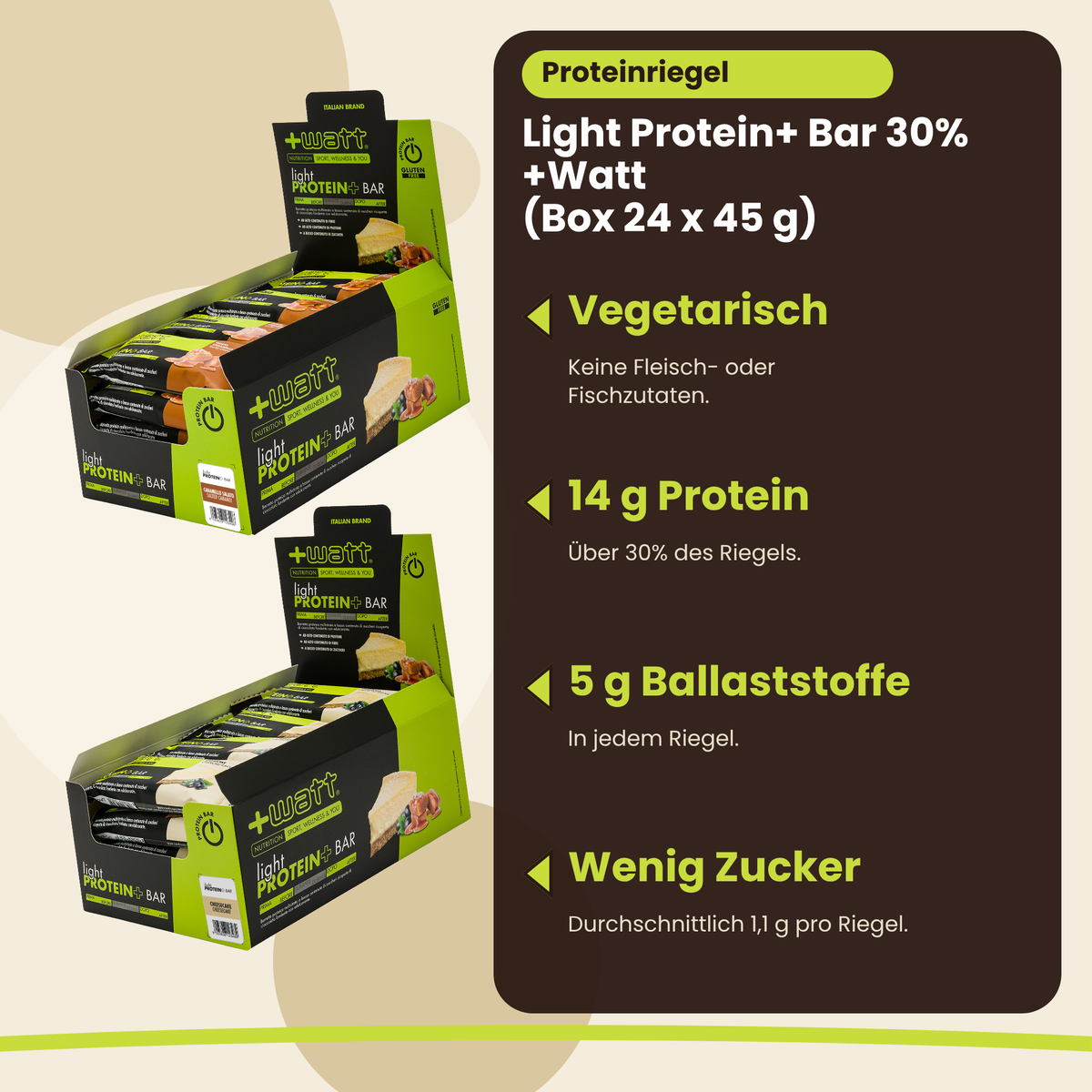 Light Protein+ Bar 30% +Watt Box 24 x 45 g, wichtigste Vorteile, deutsche Version: vegetarisch, 14 g Protein, 5 g Ballaststoffe, wenig Zucker