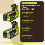 Light Protein+ Bar 30% +Watt Box 24 x 45 g, wichtigste Vorteile: vegetarisch, 14 g Protein, 5 g Ballaststoffe, wenig Zucker