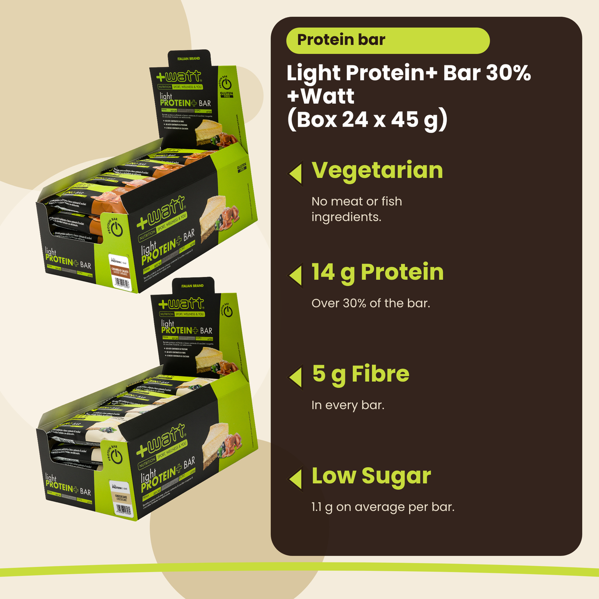 Light Protein+ Bar 30% +Watt Box 24 x 45 g, wichtigste Vorteile: vegetarisch, 14 g Protein, 5 g Ballaststoffe, wenig Zucker