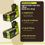 Light Protein+ Bar 30% +Watt Box 24 x 45 g, wichtigste Vorteile, französische Version: vegetarisch, 14 g Protein, 5 g Ballaststoffe, wenig Zucker