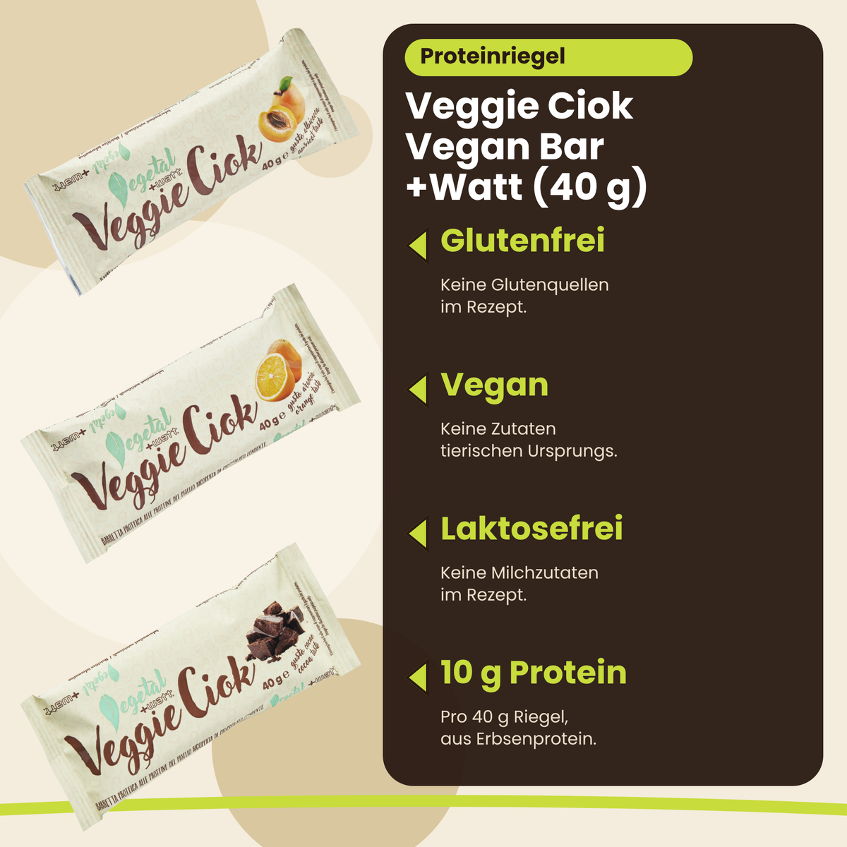 Veggie Ciok Vegan Bar +Watt (40 g), wichtigste Vorteile, deutsche Version