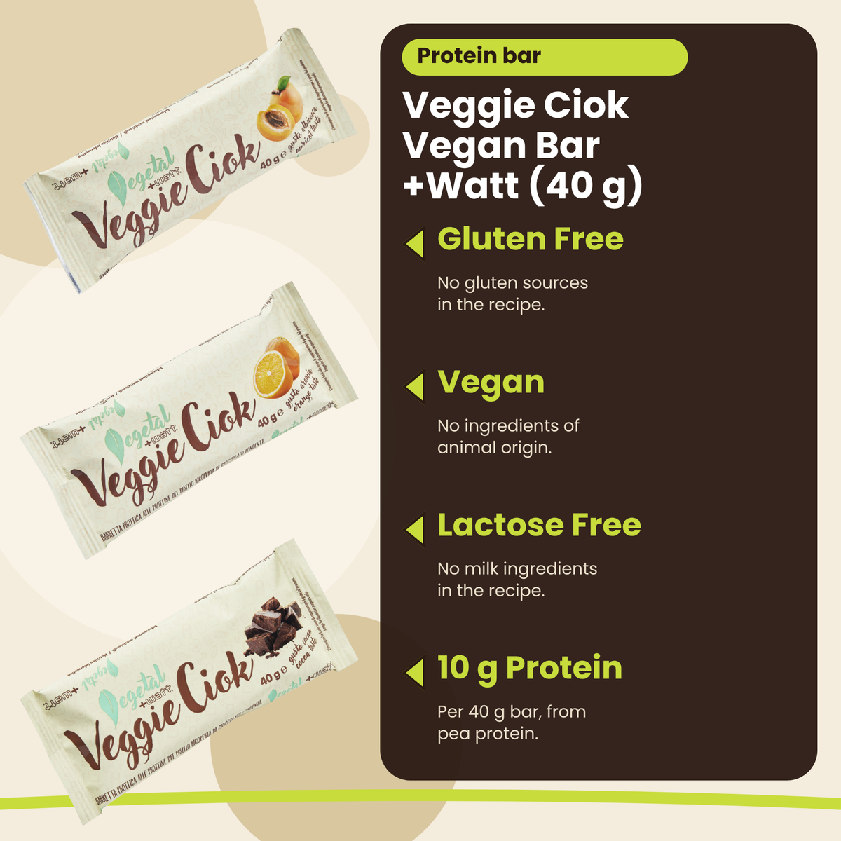 Veggie Ciok Vegan Bar +Watt (40 g), wichtigste Vorteile, englische Version
