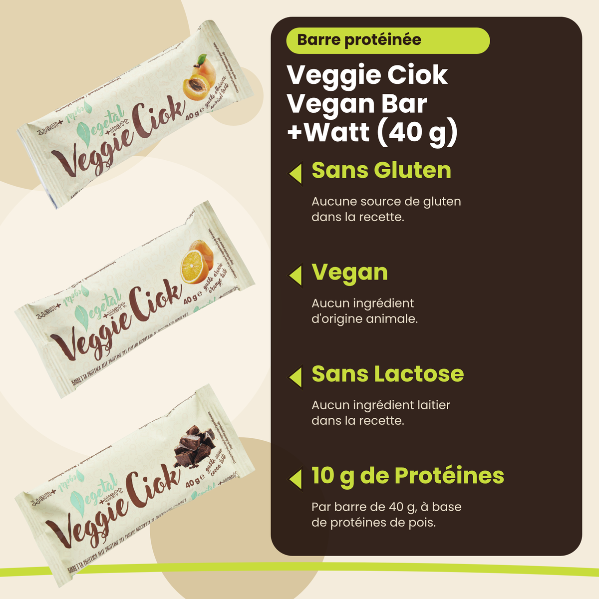 Veggie Ciok Vegan Bar +Watt (40 g), wichtigste Vorteile, französische Version