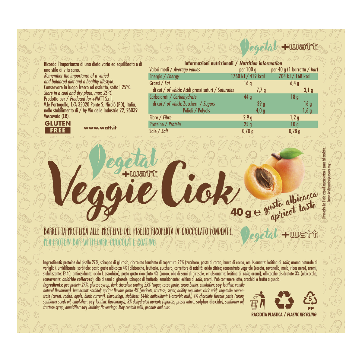 Veggie Ciok Vegan Bar +Watt (40 g), Geschmack Aprikose, Rückseite der Verpackung