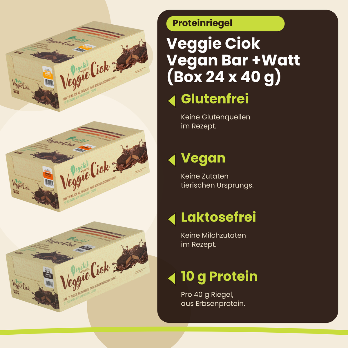 Veggie Ciok Vegan Bar +Watt (Box 24 x 40 g), wichtigste Vorteile, deutsche Version
