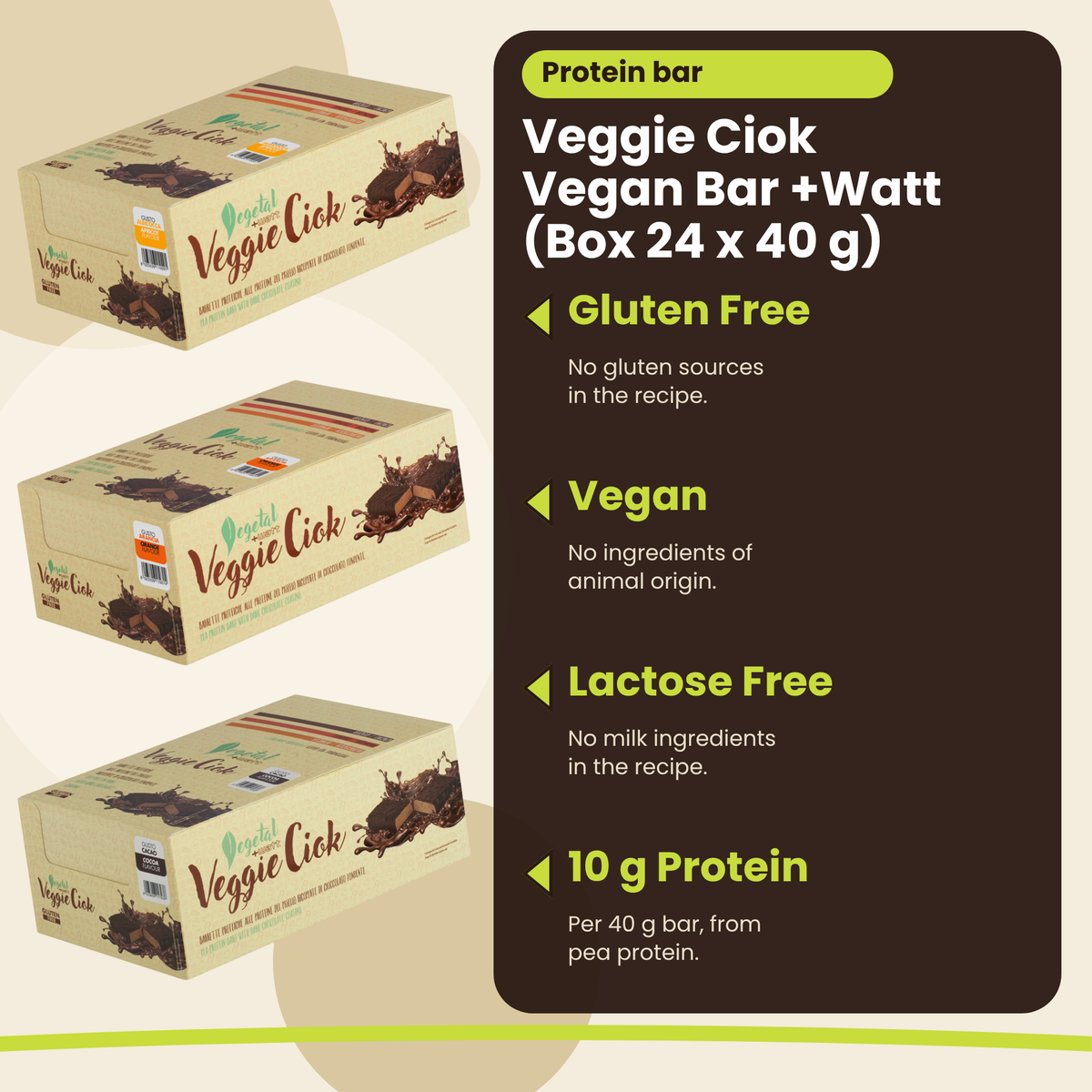 Veggie Ciok Vegan Bar +Watt (Box 24 x 40 g), wichtigste Vorteile, englische Version