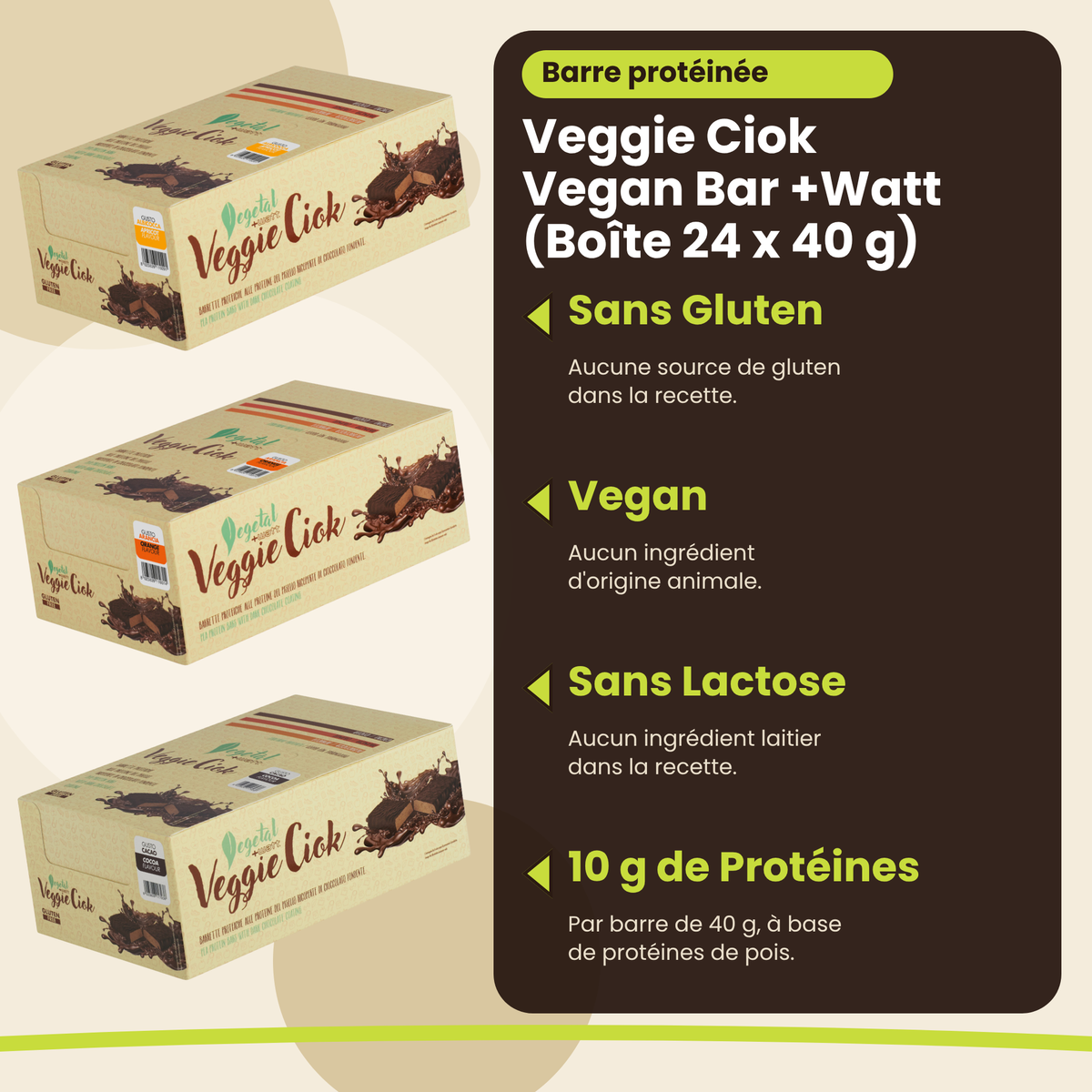 Veggie Ciok Vegan Bar +Watt (Box 24 x 40 g), wichtigste Vorteile, französische Version