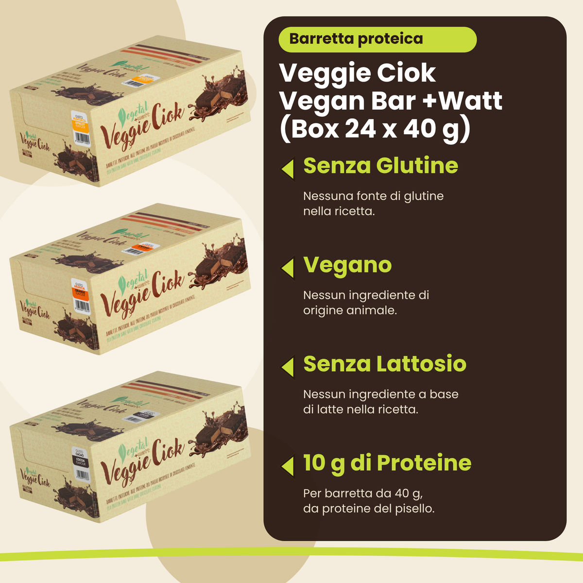 Veggie Ciok Vegan Bar +Watt (Box 24 x 40 g), wichtigste Vorteile, italienische Version