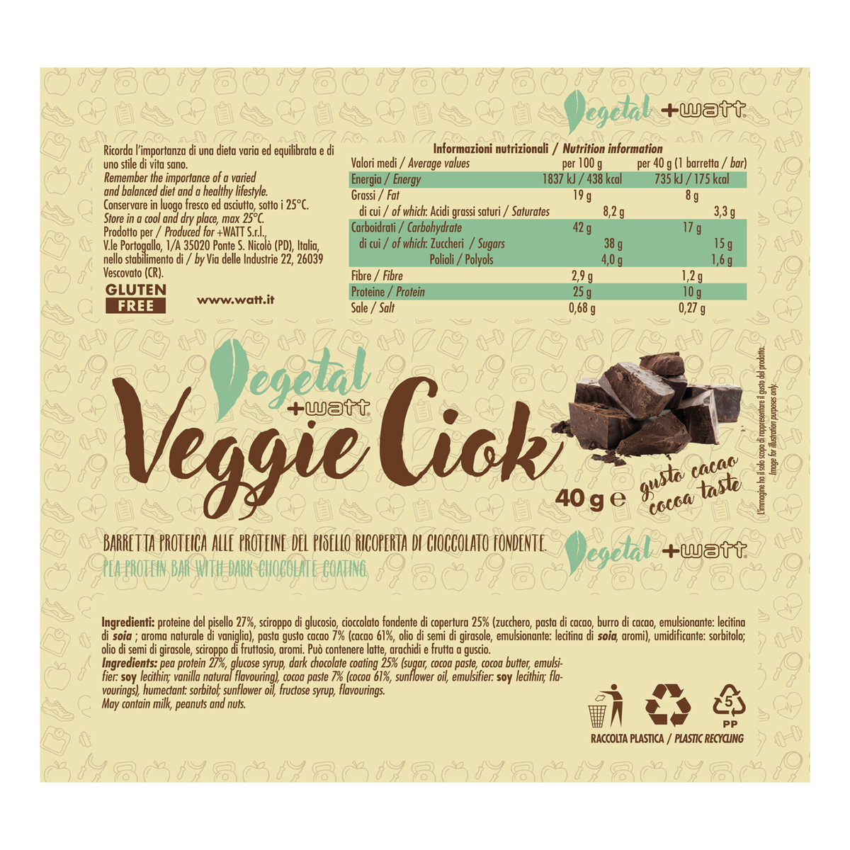 Veggie Ciok Vegan Bar +Watt (40 g), Geschmack Kakao, Rückseite der Verpackung