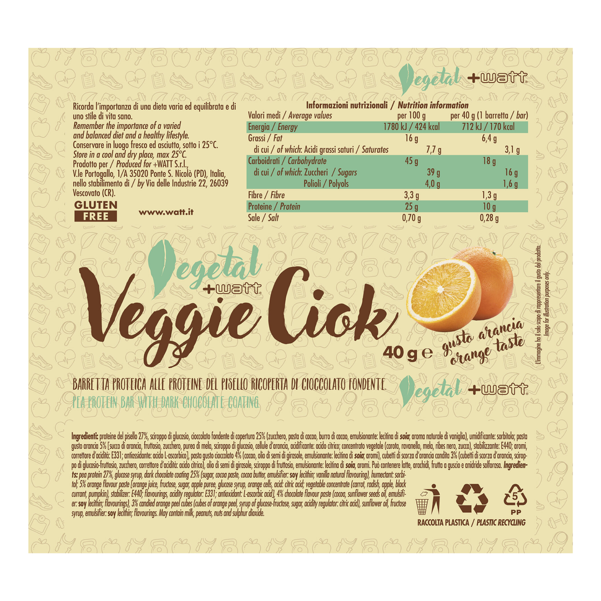 Veggie Ciok Vegan Bar +Watt (40 g), Geschmack Orange, Rückseite der Verpackung