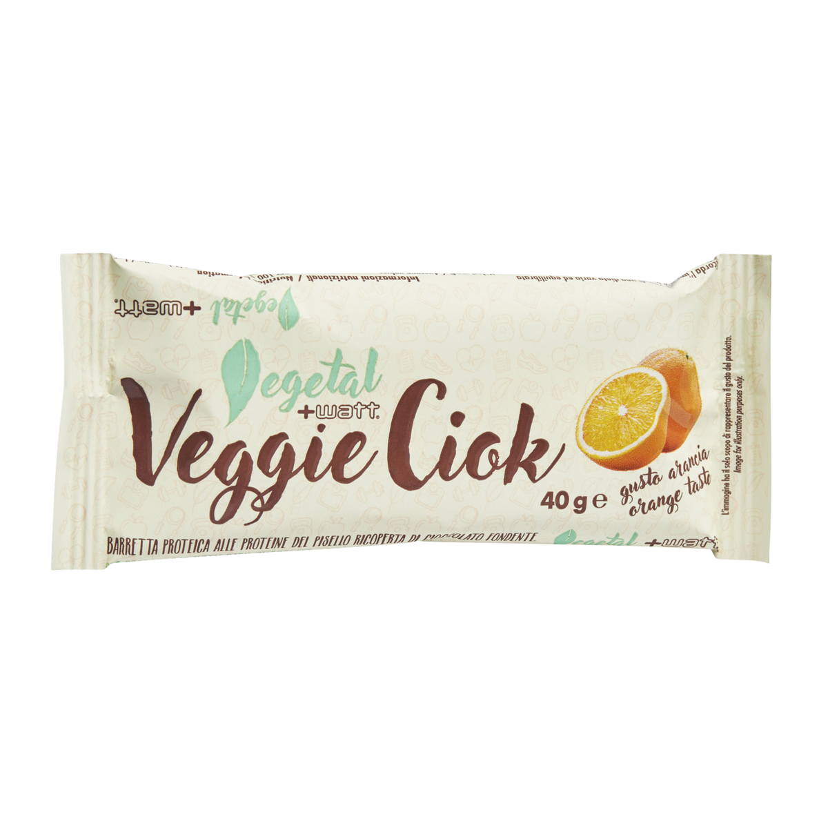 Veggie Ciok Vegan Bar +Watt (40 g), Geschmack Orange, Vorderseite der Verpackung