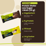 Protein Wafer Low Sugar +Watt (35 g), Hauptvorteile: vegetarisch, 11 g Protein, 170 kcal, 1,4 g Zucker, deutsche Version