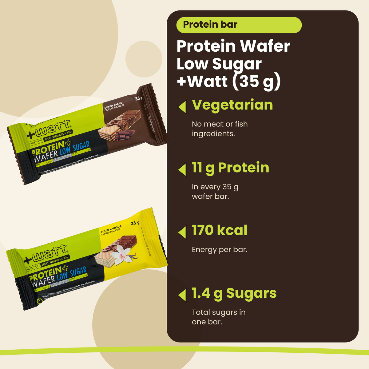 Protein Wafer Low Sugar +Watt (35 g), Hauptvorteile: vegetarisch, 11 g Protein, 170 kcal, 1,4 g Zucker, englische Version