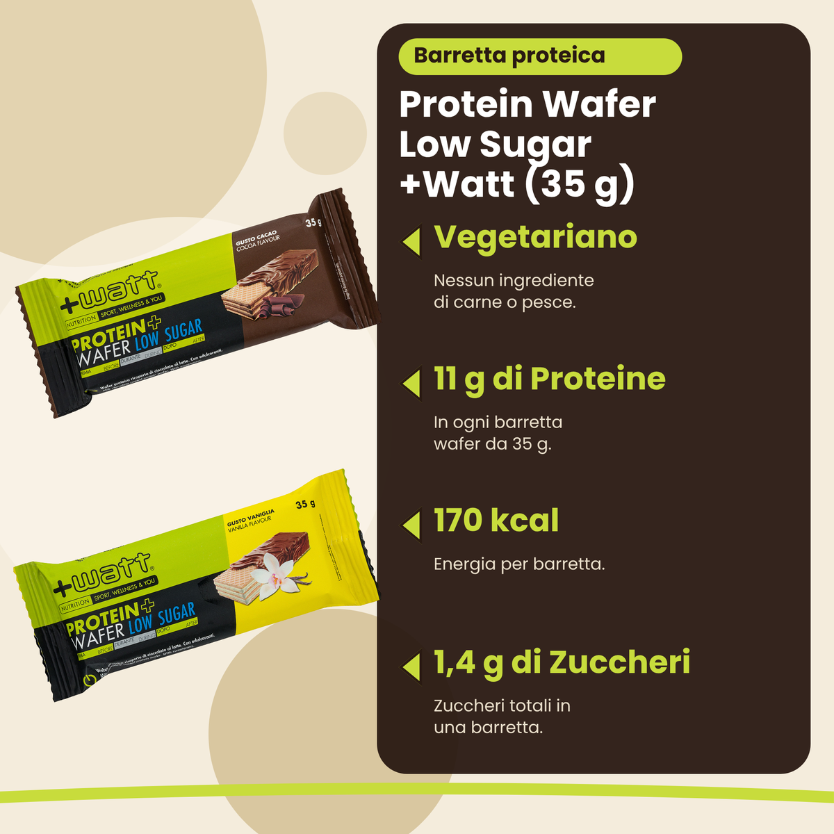 Protein Wafer Low Sugar +Watt (35 g), Hauptvorteile: vegetarisch, 11 g Protein, 170 kcal, 1,4 g Zucker, italienische Version