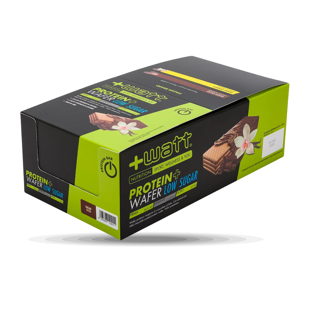 Protein Wafer Low Sugar +Watt (Box 25 x 35 g), Geschmack Kakao, Vorderseite