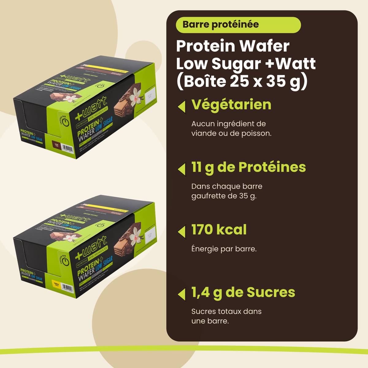 Protein Wafer Low Sugar +Watt (Box 25 x 35 g), Hauptvorteile: vegetarisch, 11 g Protein, 170 kcal, 1,4 g Zucker, französische Version