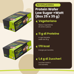 Protein Wafer Low Sugar +Watt (Box 25 x 35 g), Hauptvorteile: vegetarisch, 11 g Protein, 170 kcal, 1,4 g Zucker, italienische Version
