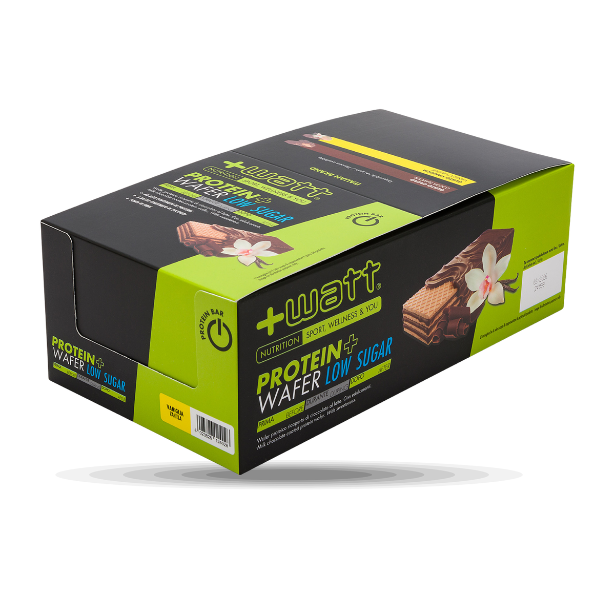 Protein Wafer Low Sugar +Watt (Box 25 x 35 g), Geschmack Vanille, Vorderseite