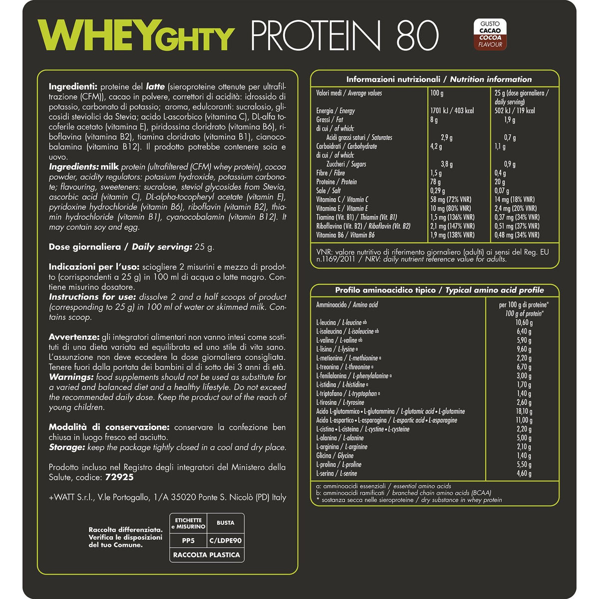 WHEYGHTY PROTEIN 80 - Proteine in polvere - 750g - +WATT