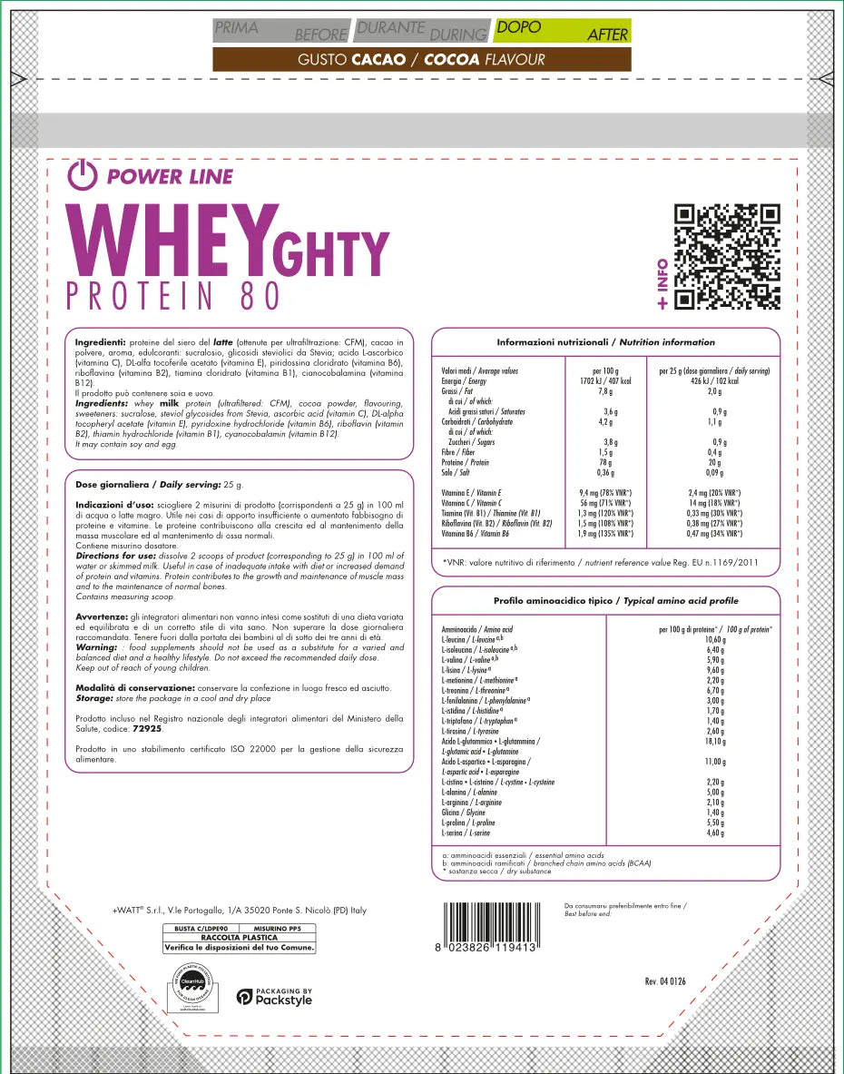 Whey Protein Konzentrat 80 +Watt (750 g – 30 Port.), Kakao, Rückseite