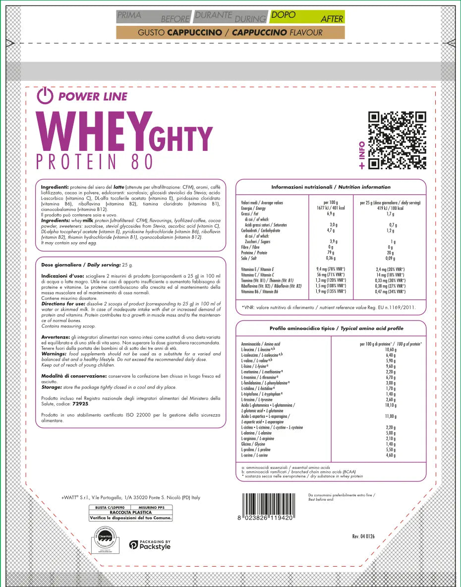 Whey Protein Konzentrat 80 +Watt (750 g – 30 Port.), Cappuccino, Rückseite