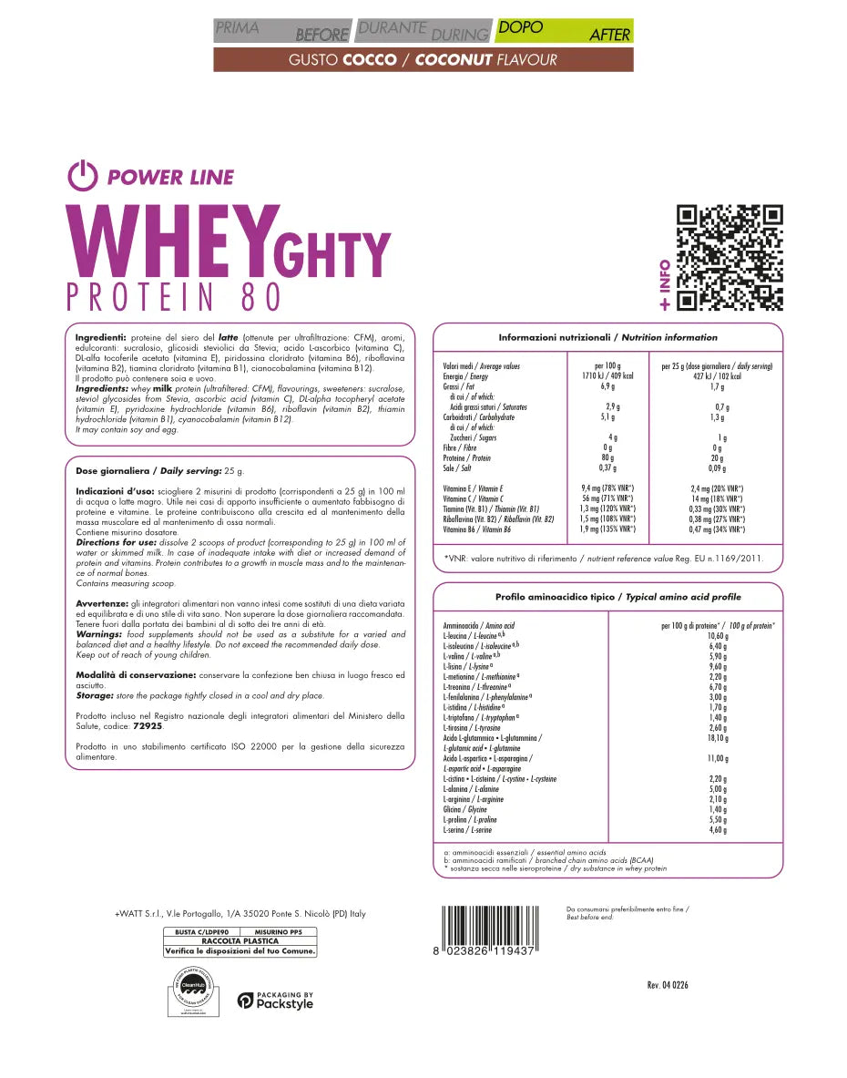 Whey Protein Konzentrat 80 +Watt (750 g – 30 Port.), Kokos, Rückseite
