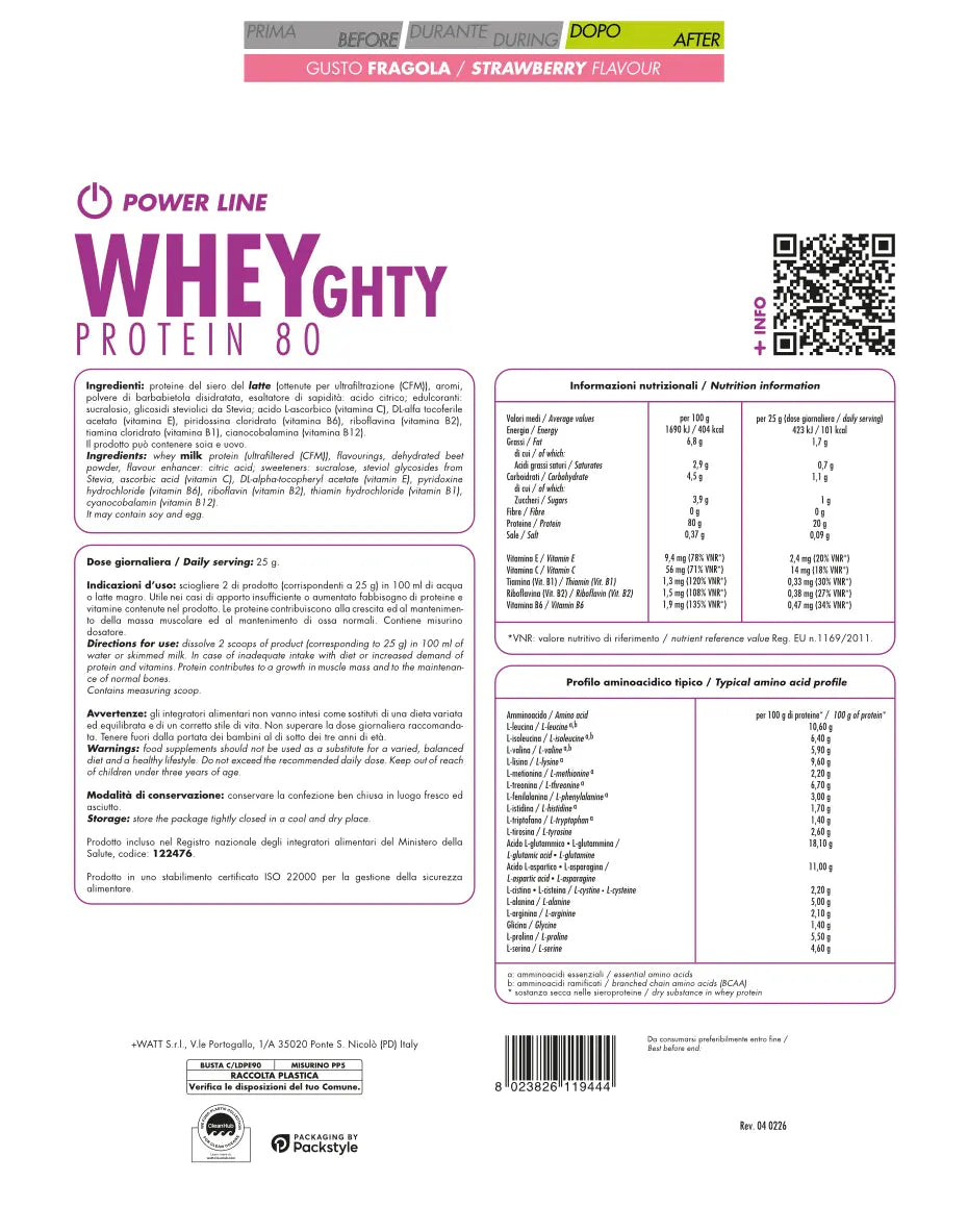 Whey Protein Konzentrat 80 +Watt (750 g – 30 Port.), Erdbeere, Rückseite